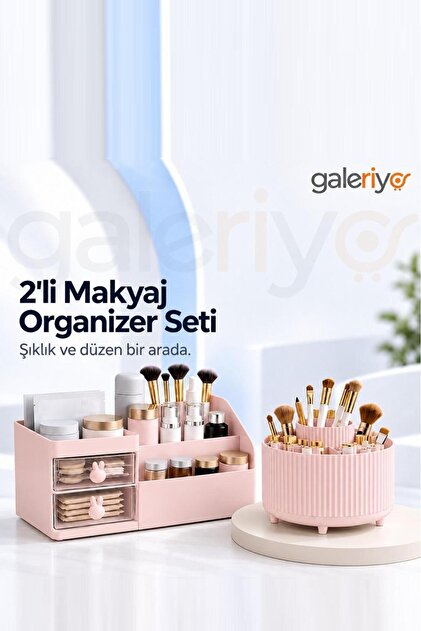 Makyaj Organizeri Çekmeceli Tavşan ve 360 Derece Dönebilen 5 Bölmeli İkili Set Pembe