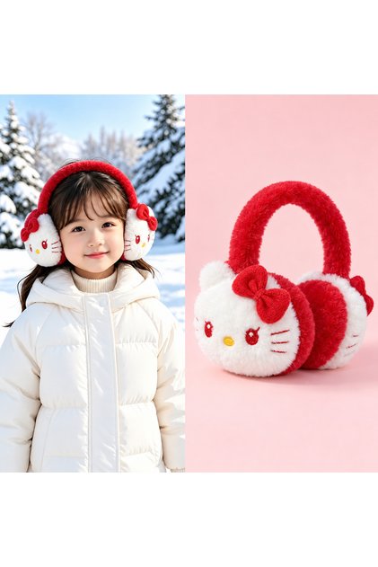 Cute Cat Hello Kittyyy Patterned White Red Young Girls' Plush Earmuff Cat Furry Bowknot Winter Ear Warmer Hat Cold-Proof