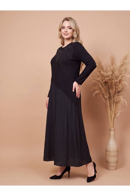Crew Neck Stone Embroidered Garnished Combed Cotton Fabric Full Length Dress