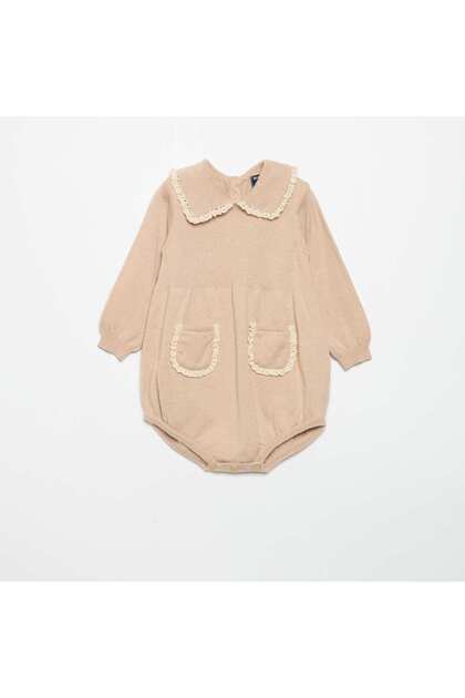 Knitted Romper With Fancy Collar And Pockets Beige
