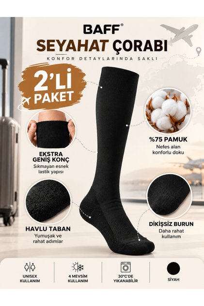 Unisex Seyahat Çorabı 2'li Paket %75 Pamuk Havlu Taban Ekstra Geniş Konç Dikişsiz Burun Siyah
