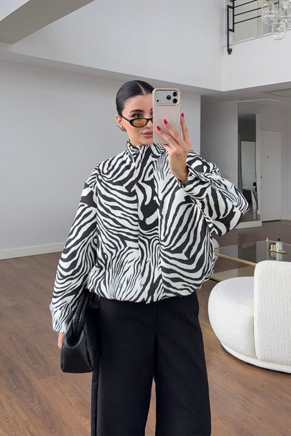 New Season Stand Collar Zebra Patterned Bomber Coat Jacket
