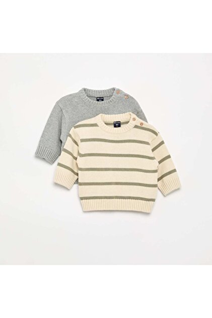 Set Of 2 Sweaters - 1 Striped + 1 Plain Green