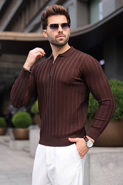Brown Zippered Polo Collar Textured Men's Knitwear Sweater E7523