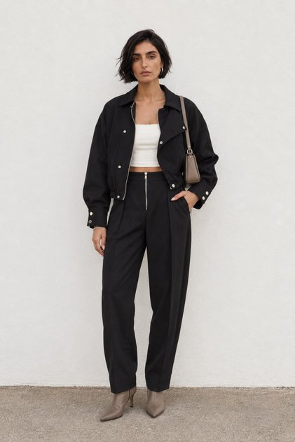Premium Trend Zipper Detailed Oversize Bomber Jacket - Pants Noktur 3-Piece Set