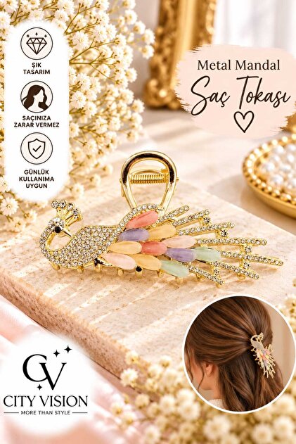 Peacock Model Stoned Shiny Multi-Colored Metal Hair Clip 11 cm Large Size - Very Stylish and Durable