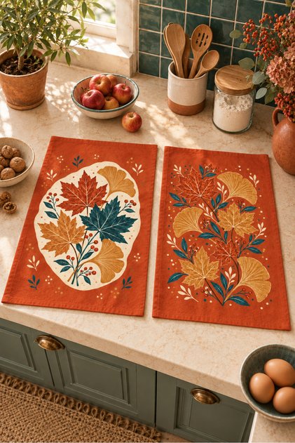 Amber Leaves Autumn Leaf Patterned 2-Piece Kitchen Towel Set 35X55