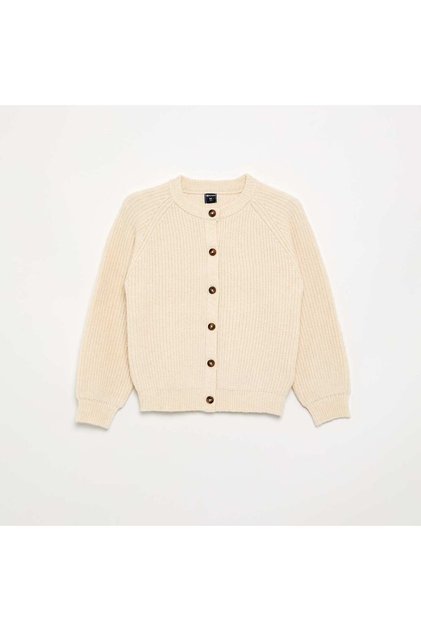 Plain Long-Sleeved Cardigan Ecru