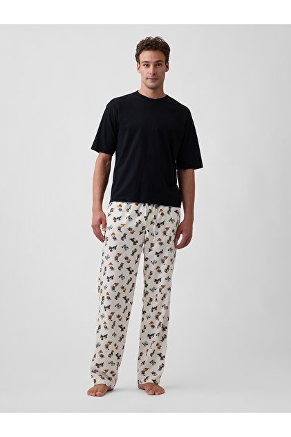 Erkek Kırık Beyaz Peanuts Relaxed Baskılı Flannel Pijama Altı