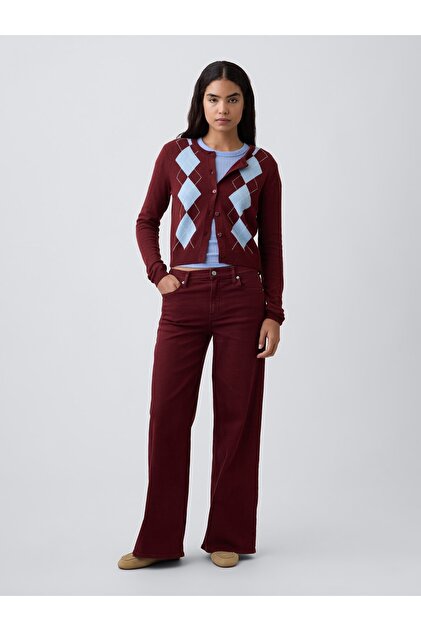 Kadın Bordo Mid Rise Wide-Leg Jean Pantolon