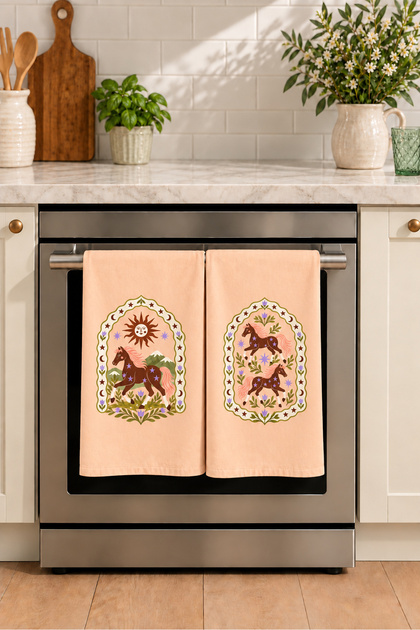 Starry Horse and Sun Patterned 2-Piece Kitchen Towel Set 35X55