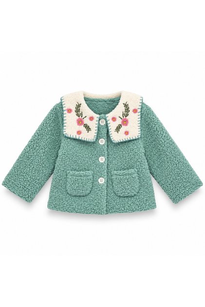 Kız Çocuk Pembe Peluş Ceket Çiçek Nakışlı Yakalı Düğmeli Cepli Teddy Mont 1-3 Yaş