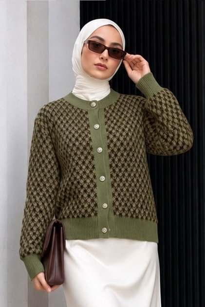 Houndstooth Patterned Knitwear Cardigan Tsd260319 Green