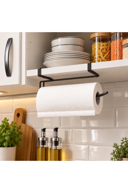 Under-Cabinet Snap-On Paper Towel Holder Metal Black – No Drilling Required between Shelves Kitchen Roll Napkin Holder Hanger Organizer