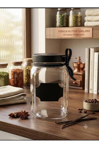 1200 ml Black Ribbon Bow Glass Jar with Metal Lid