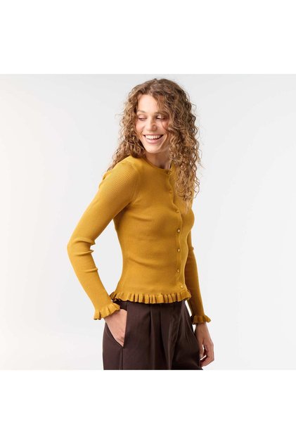 Ruffled Trim Ribbed Cardigan Yellow