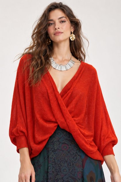 Oversize Bohem Triko Bluz Kırmızı
