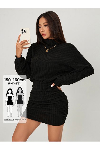 Women's Turtleneck Off-Shoulder Gathered Fitted High-Neck Dress
