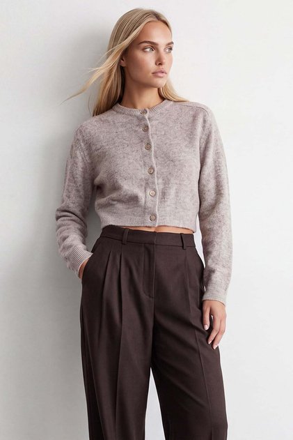 Women's beige crew neck buttoned wool blend knit crop cardigan alc-x15969