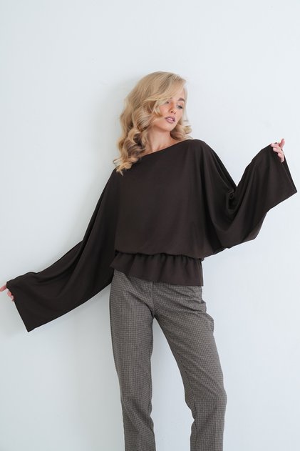 Women's Bitter Brown Boat Neck Bat Sleeve Blouse with Elastic Waist Alc-X15913