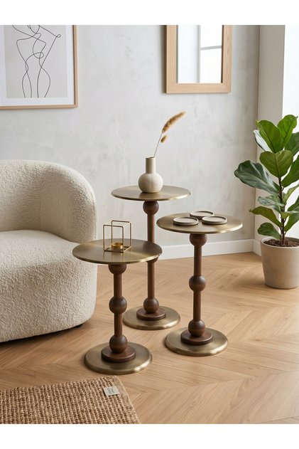 Modern 3’lü Ahşap Zigon Sehpa Takımı Eskitme Pirinç Kaplama Metal Tablalı 50-55-60 cm