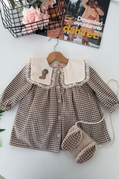 Collared Rabbit Embroidery Detailed Girls' Gingham Dress and Bag - Brown