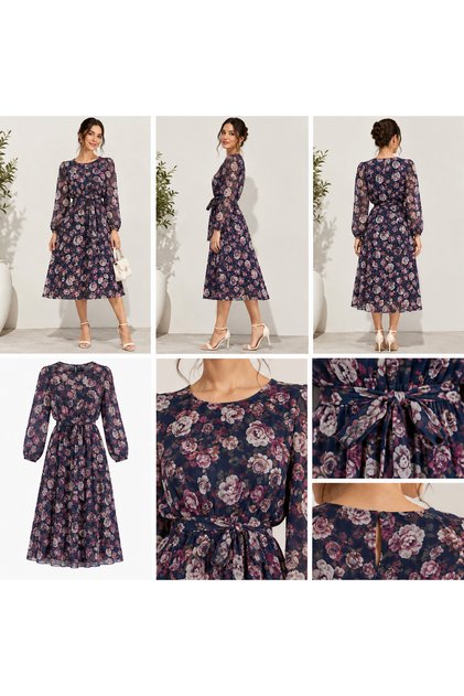 Rochie Midi Dama cu Imprimeu Floral, Maneca Lunga, Talie Elastico, Rochie Eleganta Casual