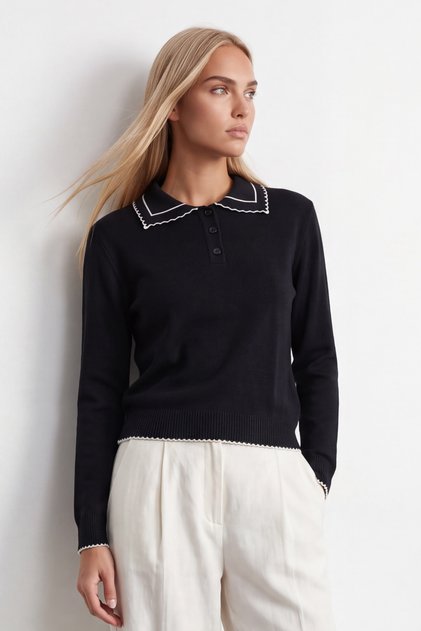 Women's black polo collar soft textured knitwear blouse alc-x15966
