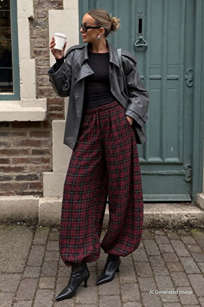 Burgundy Plaid Patterned Elastic Waist Balloon Trousers Mg2905
