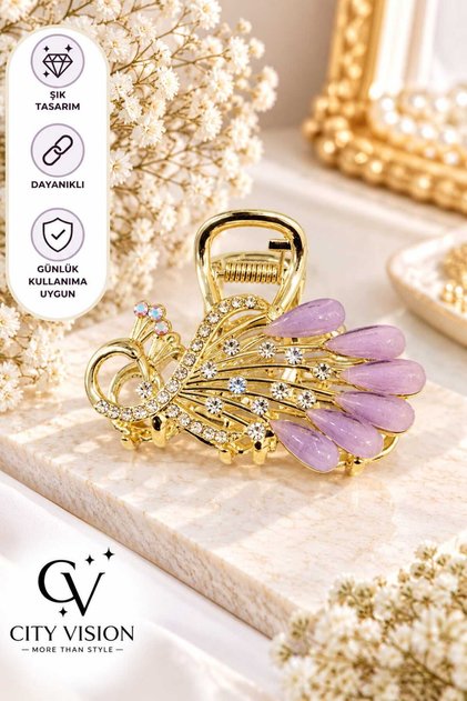 Peacock Model Stoned Purple Color Metal Hairpin 8 cm - Stylish and Durable