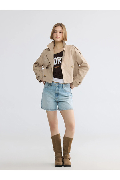 Xside Beige Double-Breasted Collar Women's Trench Coat