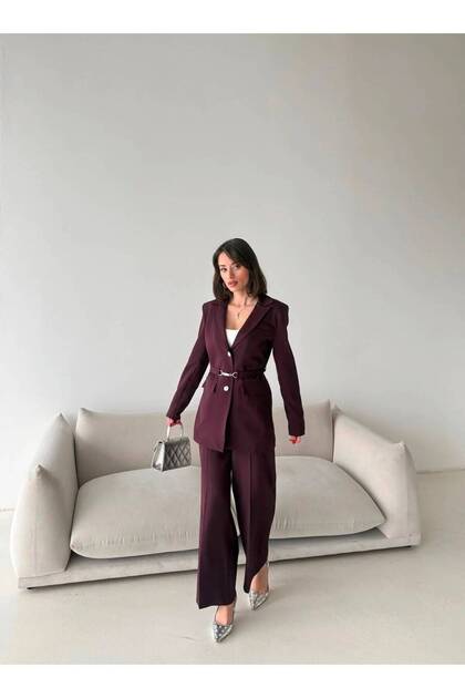 Feme- Laser Cut Belted Blazer Jacket and Trousers Set