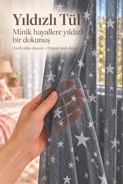 Yıldız Desenli Çocuk Odası Tül Perde Gri Erkek Çocuk Odası ORTA PİLE Kornişli Kullanıma Hazır