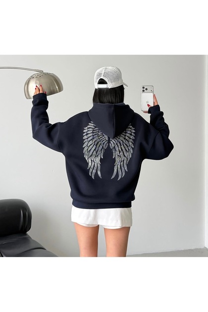Kadın Kelebek Baskılı Kapüşonlu Cepli Sweat