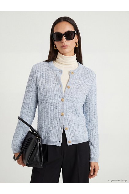 Alita City Blue Knitwear Patterned Short Women's Cardigan with a Difference