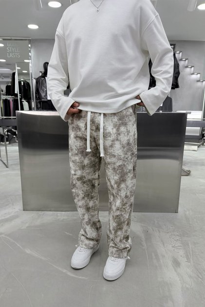 Ecru Batik Washed Baggy Trousers with Cuff Stoppers