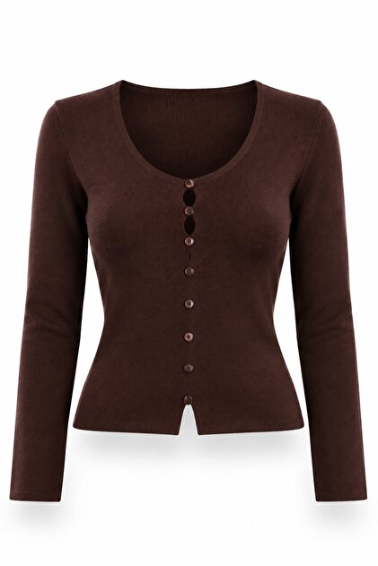 Brown Ornamental Buttoned V-Neck Knitwear 6603