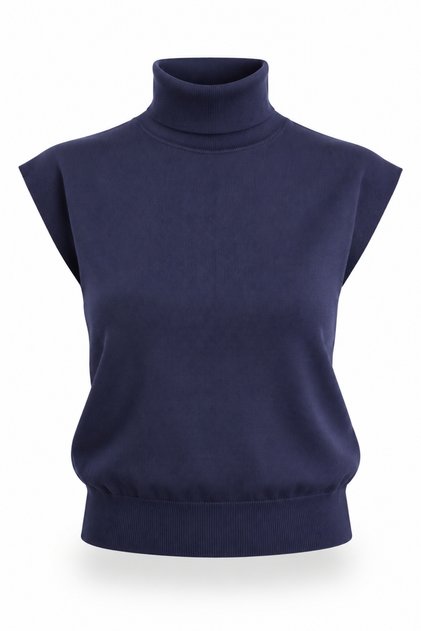 Navy Blue Turtleneck Sleeveless Mercerized Knitwear 4100
