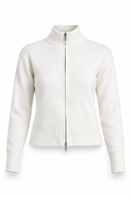 Ecru Stand Collar Zippered Cardigan 0657