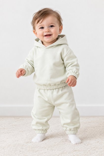 Unisex Baby 100% Cotton Ecru Elastic Cuffed Hooded Back Printed Tracksuit Set