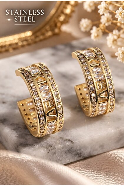 Brass Gold Color Zircon Stone Inlaid Detailed Ring Model Earrings