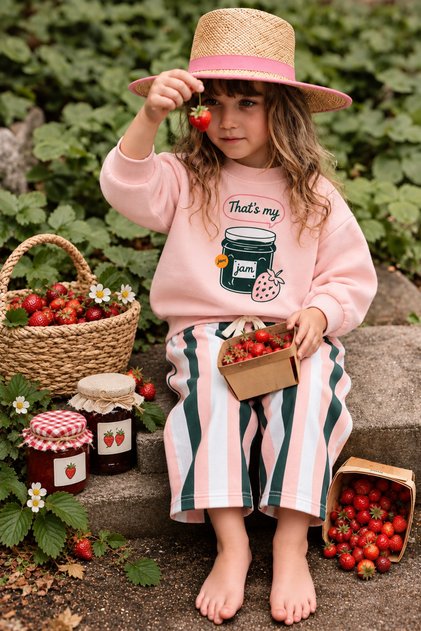 Kız Çocuk That's My Jam Çilek Baskılı Pamuklu Sweatshirt & Çizgili Pantolon Takımı 🍓🌸
