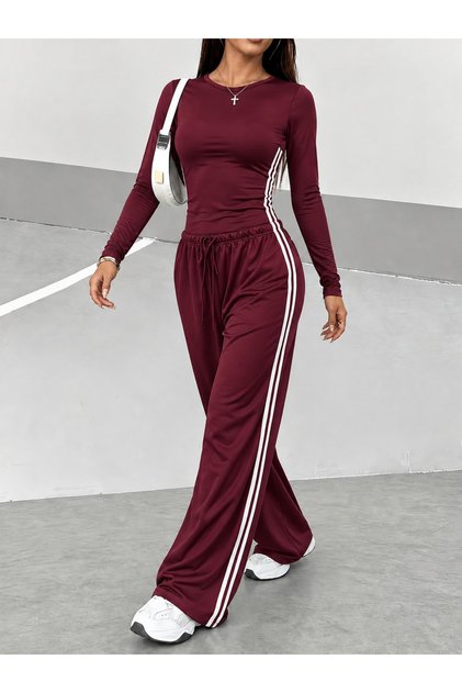 Women's Long Sleeve Crew Neck Diver Blouse and Trousers Two-Piece Set with Side Stripe Detail