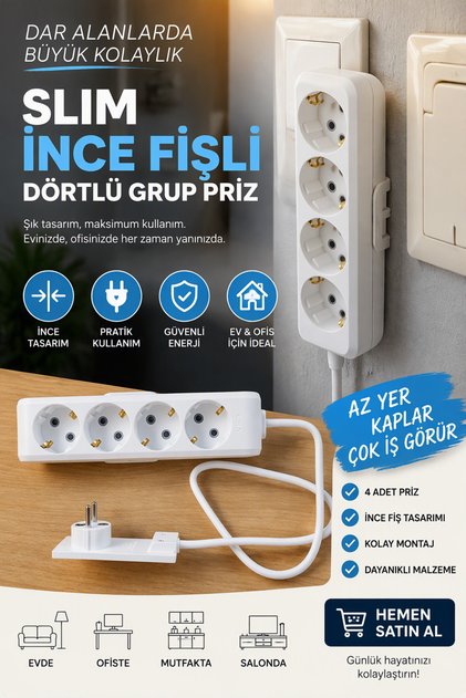Slim İnce Fişli Dörtlü Grup Priz 4'lü Topraklı Çoklu Priz 1 metre kablolu Uzatma Prizi Dar Alan ve Mobilya Arkası Kullanım İçin