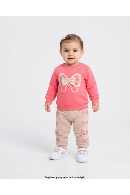 Girl's Seasonal Thin 2-Piece Set for Ages 1-2-3-4 with Mom and Bow Detail, 2 Yarns, Top and Bottom, Compact Set of 2