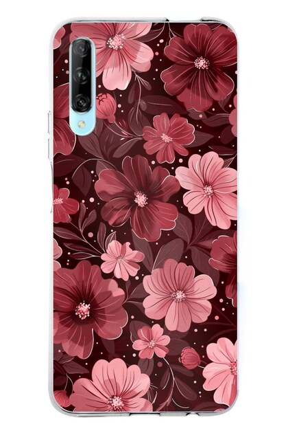 Huawei P Smart PRO Uyumlu Pembe ve Bordo Çiçek Desenli Baskılı Silikon Kılıf