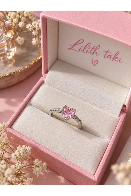 Pink Heart Stone Silver Color Elegant Women's Ring – Sparkling Heart Design
