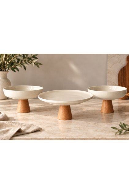 3-Piece Porcelain Presentation Set with Wooden Legs, Serving and Catering Plate, Presentation Dish, Serving Plate