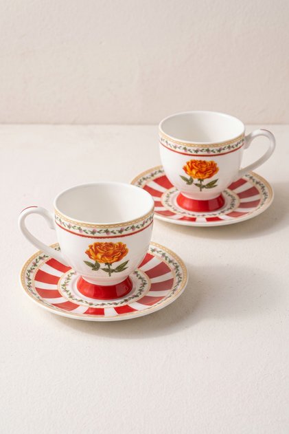 Solina Porcelain 2-Person Coffee Cup Set with Orange Floral Red Base 90 ml Turkish Coffee Espresso Cup Set