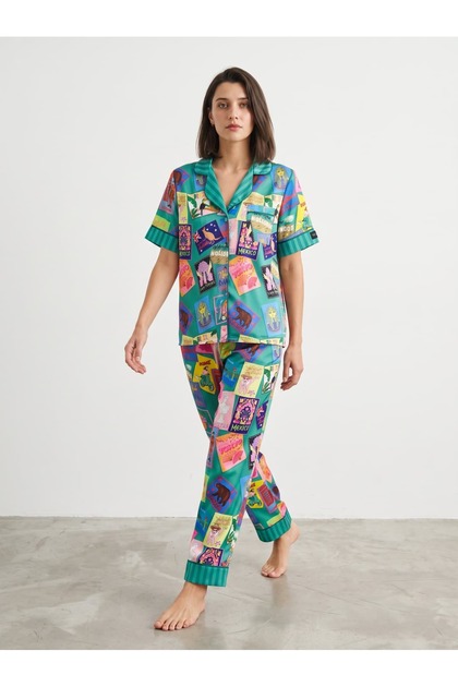 World Yarım Uzun Saten Pijama Takımı